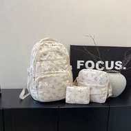 3pcs Nylon Bow Print Backpack Set, Foldable Multi-Po Cket Large CapacityWater-Resistant Zipper Backp