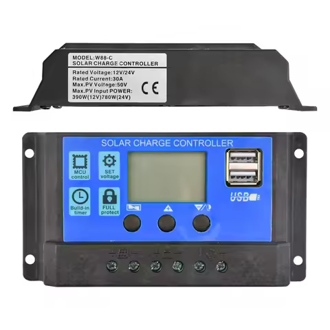 30A Solar Charge Controller 12V/24V PWM with Adjustable LCD Display Timer Setting Solar Charge Contr
