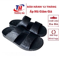 Dép  da Nam quai ngang đế cao 3.5cm Trường Hải may viền da bò thật Màu đen QN155