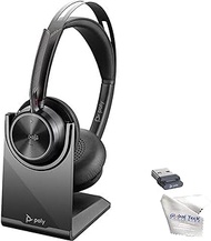 Poly Plantronics Voyager Focus 2 UC, Bluetooth Stereo Headset with Charge Stand, USB-A for Teams, Connects to Deskphone, PC/Mac, Smartphone - GTW Bundle with Microfiber Cloth