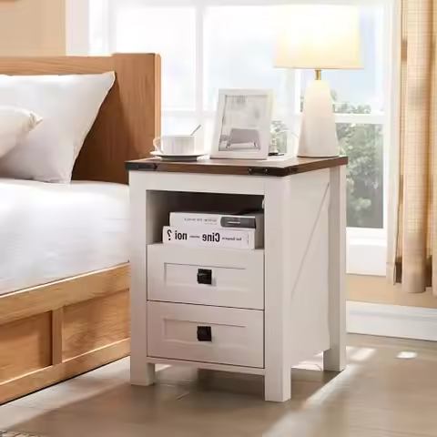Farmhouse Nightstand with Charging Station, 18' Wood Side Table, Antique White