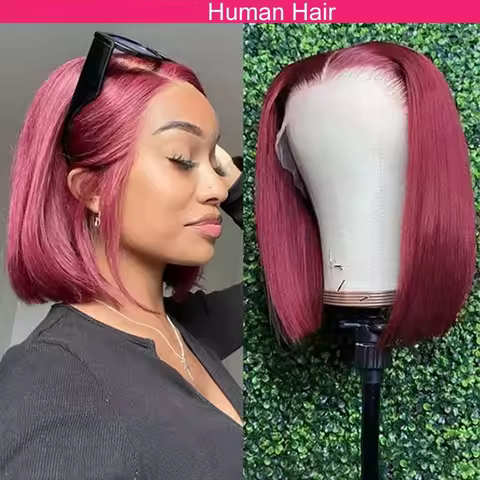 99J Burgundy Put On and Go Realistic Glueless Straight Bob 13x4 HD Lace Wig Human Hair Pre Plucked H