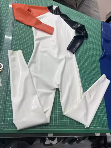 Color-Blocked Rubber Full-Body Catsuit Men Versatile Bodysuit with Sleeves Latex Costumes