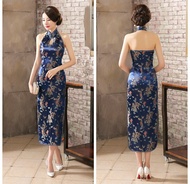 《Obatia》 Navy Blue Mandarin Collar Women Chinese Dress Backless Long Satin Qipao Vintage Button Sexy Cheongsam Novelty Stage Show Clothes