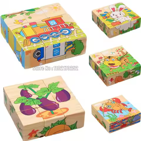 9pcs Wooden Animal Kids Toys 6 Sides Wisdom Jigsaw Early Education Learning Tangram Children Game 9p