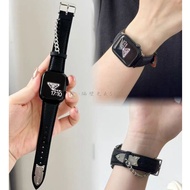 Y2K Litchi grain leather strap For iWatch Series 9 8 7 6 SE 5 4 3 2 1 Metal chain splicing design Br