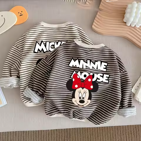 Disney Mickey Mouse 1-8T Cotton Children Clothing Long Sleeve T-shirts Striped Boy Girl Tops Kids T-