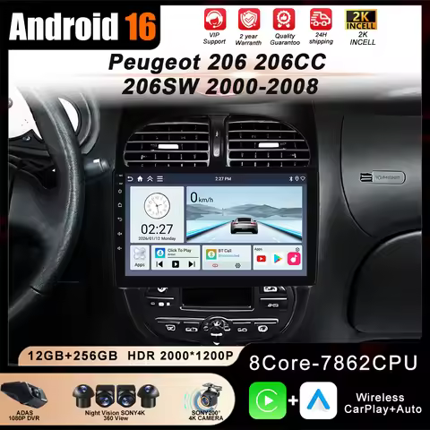 Android 16 for Peugeot 206 206CC 206SW 2001-2008 Din Car Radio Multimedia Player Carplay Auto Stereo