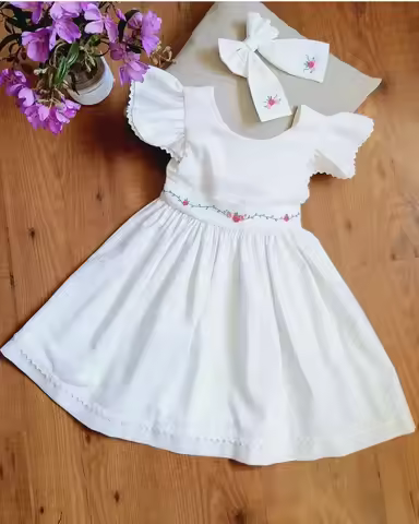 0-12Y Baby Girl Summer Handmade Flower Embroidery White Dress for Birthday Holiday Photography Eid C