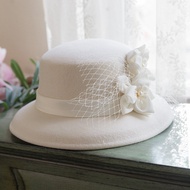2021 French Hepburn Black 100 Wool Top Hat Bride Wedding White Fedora British Lady Elegant Flower Felt Bucket Hats 55-58cm