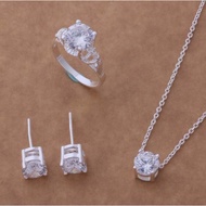 Set Aksesori Wanita Lengkap Earing Necklace Ring Silver Kristal Big Diamond Stone
