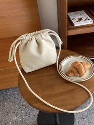 Ladies Cute Leather Drawstring Bucket Bag Crossbody Bag Small Handphone Bag