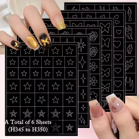 3 TO 24 Sheets Black White Nail Art Stencil Stickers, Star Heart Butterfly Flame Line Design Airbrus
