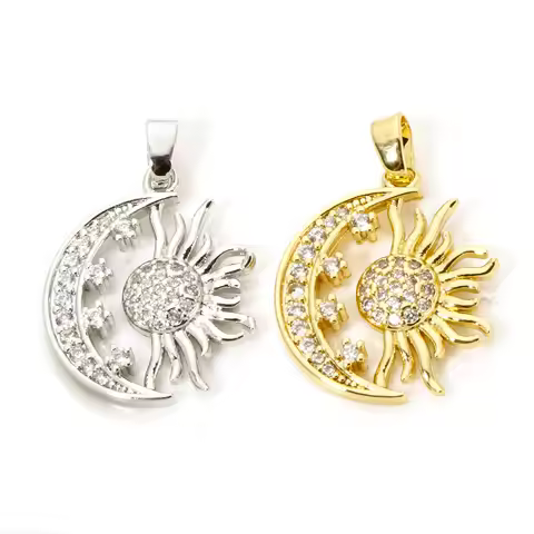 2pcs Brass Charms Multicolor Galaxy Half Moon Sun Micro Pave Clear Cubic Zirconia Pendants DIY Neckl
