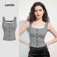 (trendy3)Lovito Casual Plaid Button Lace Fabric Stitching Spring/Summer Black And White Tank Top for