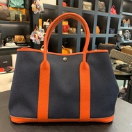 98新 愛馬仕/Hermes  garden party 36 深藍拼橙色帆布拼皮