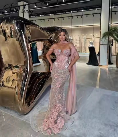 Beading 3D Flowers Celebrity Dresses Arabic Mermaid Illusion Evening Dress Pink Wedding Party Gowns 