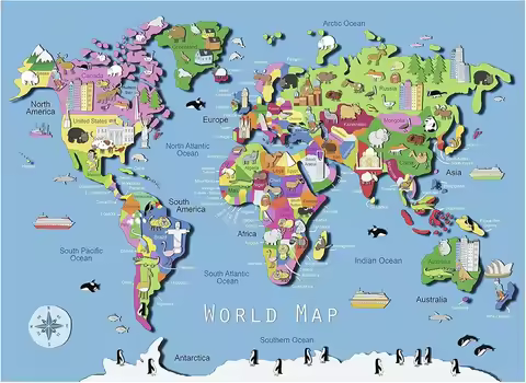 DIY Color Block Cartoon World Map Jigsaw Puzzle, Global Landmark Wildlife Educational Children Trave