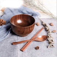 ❥ 1/4Pcs Japanese · Natural Thicken Jujube Wood Bowl Set Wooden Spoon Chopsticks At Box Fruit Sala