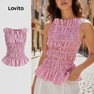 Lovito Vacation Tank Top Wanita Gingham Smocked Cute untuk Musim Panas/Semi L125AD139