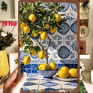 CIFbuy 1pc 2D Flat Metal Sign Lemon Tree Tin Painting Blue White Tiles 8x12 Inch Kitchen Wall Decor