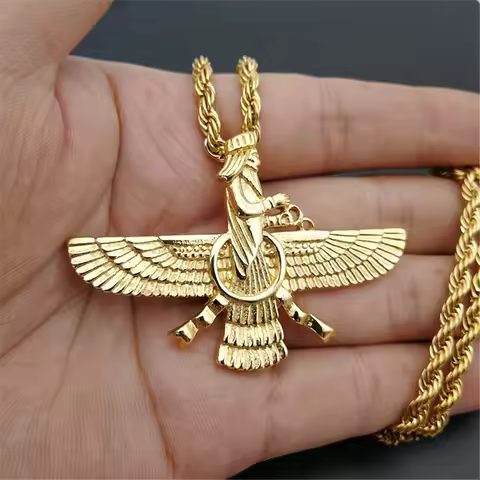 New Men Hip Hop Iran Faravahar Ahura Mazda Zoroastrian Pendant Necklace Gold Color Stainless Steel M