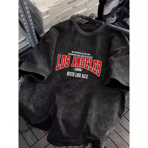 Los Angeles 1996 Vintage Graphic T-Shirt Washed Black Retro Letter Slogan Casual Crew Neck Short Sle