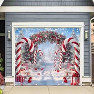ZTHMOE 1PC 8x7ft Christmas Cane Candy Garage Door Banner Decorations Winter Snow Scene Xmas Tree Pho