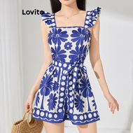 Lovito Boho Jumpsuit Geometric Summer Frill Jumpsuit for Women L116LD067