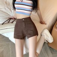สีน้ำตาลเอวสูง พรางหุ่น เอ-ไลน์ พลัสไซส์ ผู้หญิงสั้น กางเกงยีนส์ ฤดูร้อนยืดหยุ่นล้อมรอบร้อนผ้าฝ้าย ก