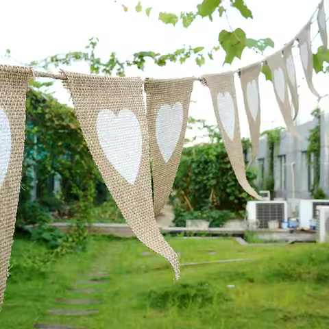 Vintage Hessian Bunting Love Heart Rustic Burlap Banner Fabric Cloth Flags Pennant Banner for Garden