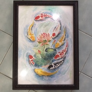 Auspicious Stain Fish Painting Wall Pictures Watercolour Techniques Size A3/29.7x42cm With Frame Att