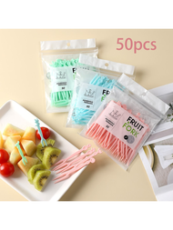 50入組水果叉套裝水果牙籤塑膠雙牙甜品叉子家庭使用多種顏色