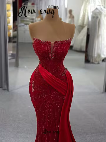 Strapless Sleeveless Red Prom Dresses Mermaid Long Party Night Gowns Customized Dubai Engagement Eve