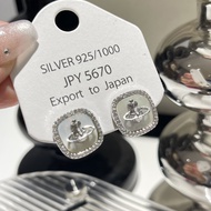 Vivienne Westwood Saturn 925 New Style Square Earrings Zircon Earrings Light Luxury High Silver Pin 