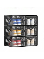 大型鞋子收納盒,6入組透明塑膠可疊式防塵鞋盒,可用於存放鞋櫃、替換鞋架、床底下鞋子收納,適合使用於衣櫃等場合