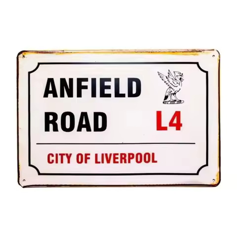 （2D Tin painting）BrandName Big Aluminum Anfield Road Sign | Vintage Liverpool Theme | Metal Plaque D