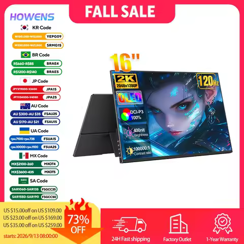 16-inch Portable OLED Monitor 2K 120Hz Gaming Laptop Extender 100000:1 Office Travel Display HDMI US