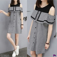 Dress kotak cantik midi dress Korea kancing Sabrina remaja ABG cewek