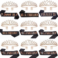 16th, 18th, 21st, 30th, 40th, 50th, 60th, 70th, 80th Birthday Crown + Belt + Pin Set, Elegant Gift f