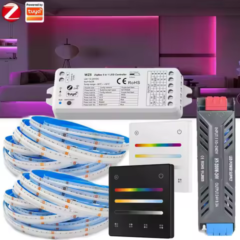 5M 10M 20M Zigbee 3.0 RGBCCT COB LED Strip Kit DC24V 840LEDs/m Neon Tape Ribbon Light RF 4-Zone Wall