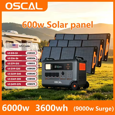 OSCAL PowerMax 6000 Solar Generator with 3x200W Solar Panel, 120V/240V 3600Wh Power Station 6000W AC