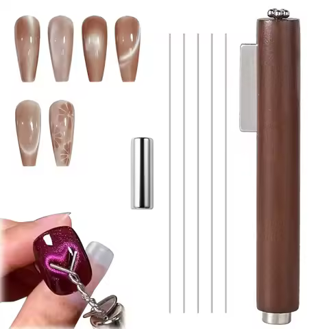YIKOOLIN 3 in1 Cat Eye Gel Polish Magnet Wand + 1Pc Cylinder Cat Eye Magnet + 5Pcs Iron Wire for Hea