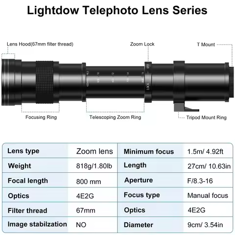 Lightdow 420-800mm f/8.3 Manual Zoom Super Telephoto Lens + T-Mount (Full Frame) For Canon Nikon Son