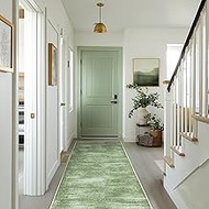 Olive Green Rug Runners for Hallways Non Slip Washable Neutral Abstract Minimalist Low Pile Floor Pr