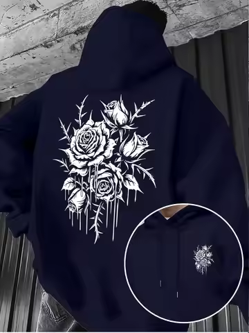 Dark Thorn Rose Drip Print Drop Shoulder Hoodie Men High Street Trendy Pullover Sweatshirt Tops Pull