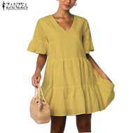 ZANZEA Women V Neck Short Sleeve Patchwork Solid Color Mini Dress