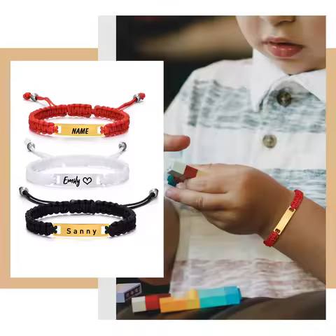 Personalized Name Bracelet for Girl Boy Child, Adjustable Braided Rope Custom ID Tag Bracelet, Engra