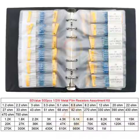 500pcs 50Value 1% 1/2W Metal Film Resistors Sample Book 0.5W 1.2R-1M DIY MIX Resistor Assorted kit