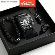 Men's Skeleton Tonneau Watch Set with Necklace Bracelet for Ring 4pcs